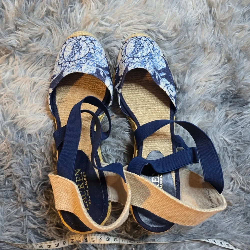 LAUREN Ralph Lauren Navy Floral Espadrille Wedge Sandals, Size 8